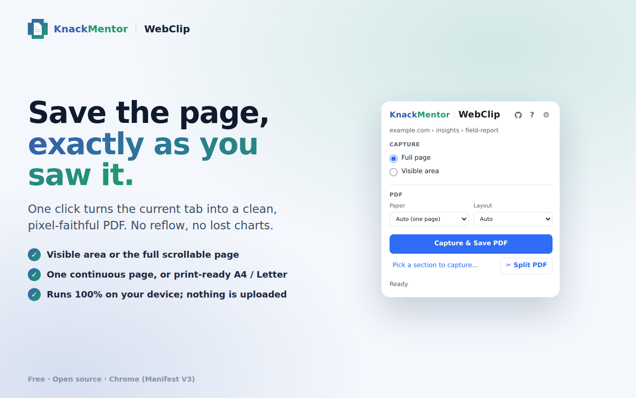 The WebClip popup: choose full page or visible area, one continuous page or A4/Letter, then Capture and Save PDF.